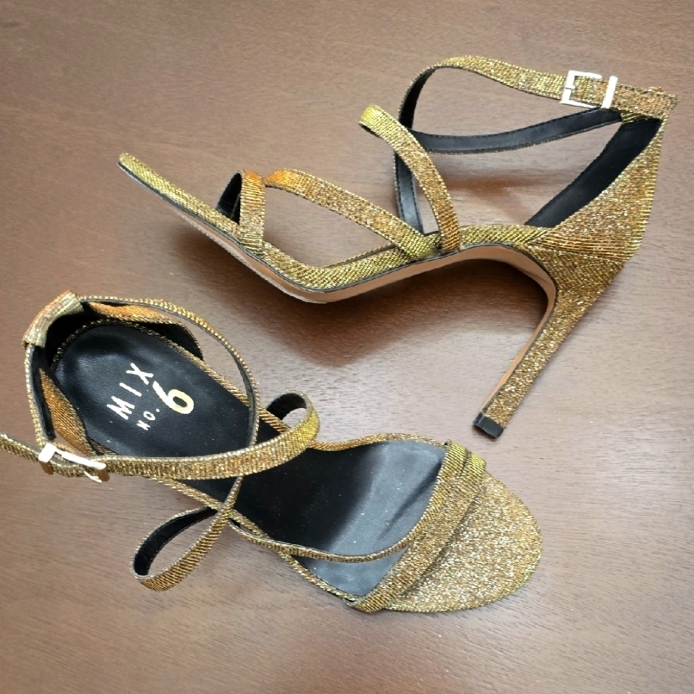 💥MIX NO. 6 Gold Glitter 4"‎ Strappy Heels 8.5